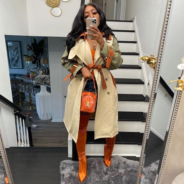 

women's trench coats rmsfe 2021 women autumn and winter fashion long sleeve lapel double row button temperament casual windbreaker coat, Tan;black