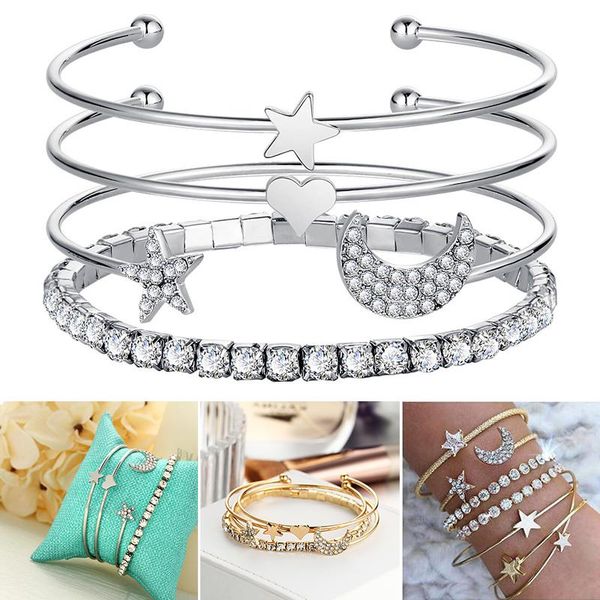 

link, chain 4pcs set rhinestone star moon bracelet minimalist alloy metal handmade jewelry for women and girls nov99, Black