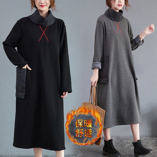 

winter high collar plus thick velvet mid-length large size female dress with casual fashion pockets y968 mtzr, Black;gray