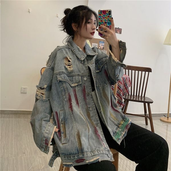 

women's jackets denim jacket female spring and autumn new korean version of harajuku port style loose graffiti ripped 61be, Black;brown