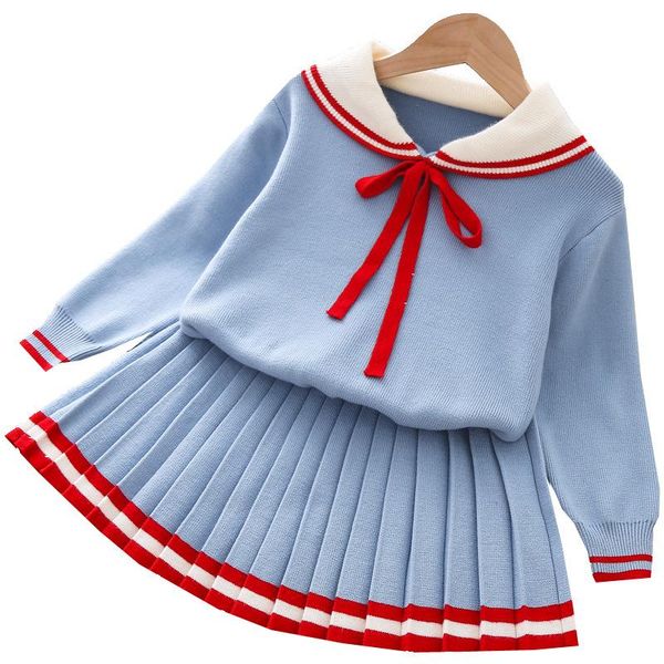 

pullover winter fashion kids girls clothes knitted bow sweater and skirts, Blue