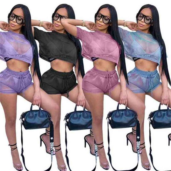 

beach shinny sheer women perspective see through short sleeve crop and shorts sets casual transparent summer suit 210517, White