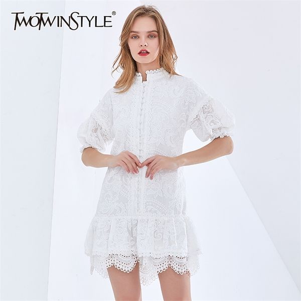 

elegant patchwork lace dress for women stand collar short sleeve high waist midi dresses female fashion 210520, Black;gray