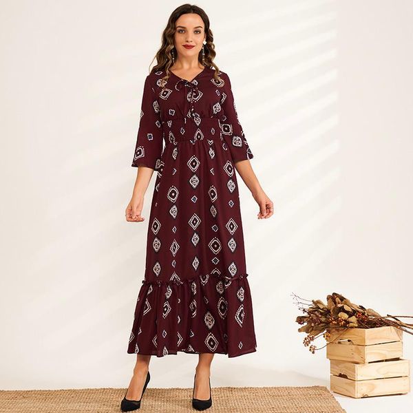 

casual dresses women's lace dress, holiday style, retro print, v-neck, trumpet sleeve, loose waist, summer, Black;gray