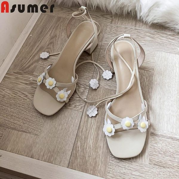 

dress shoes asumer size 34-40 summer sandals flowers square high heels buckle ankle strap genuine leather women 2021, Black