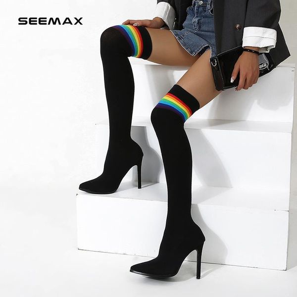 

boots 2021 style striped contrast color high-heeled for autumn and winter all-match rainbow pointed over-the-knee, Black