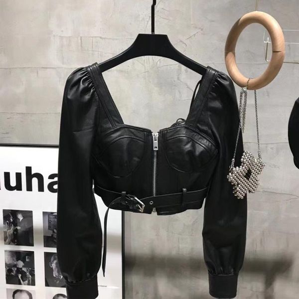 

women's leather & faux shzq ladies' jacket open collar real lambskin top, Black