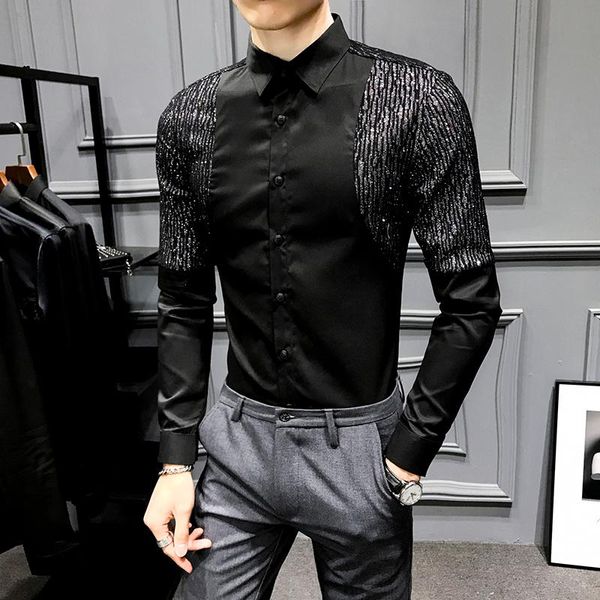 

men's casual shirts korean male shirt long sleeve 2021 spring patchwork men dress slim fit night club prom tuxedo 3xl, White;black