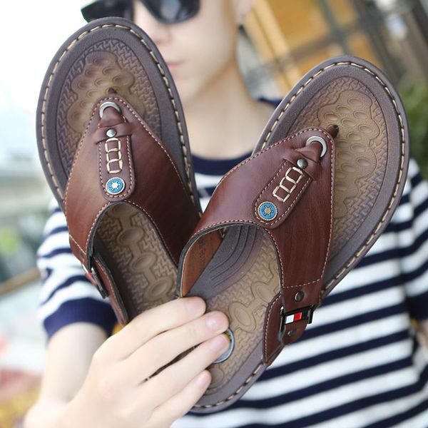 

sandals 2021 summer beach men flip flops pu leather slippers male flats outdoor rubber thong shoes brand, Black