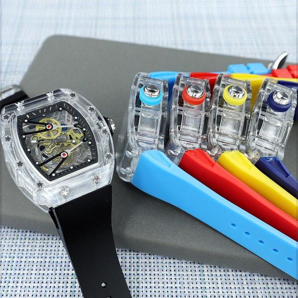 

wristwatches 2021 watches man hollow quartz watch transparent dial silicone strap fashion wine barrel wristwatch, Slivery;brown