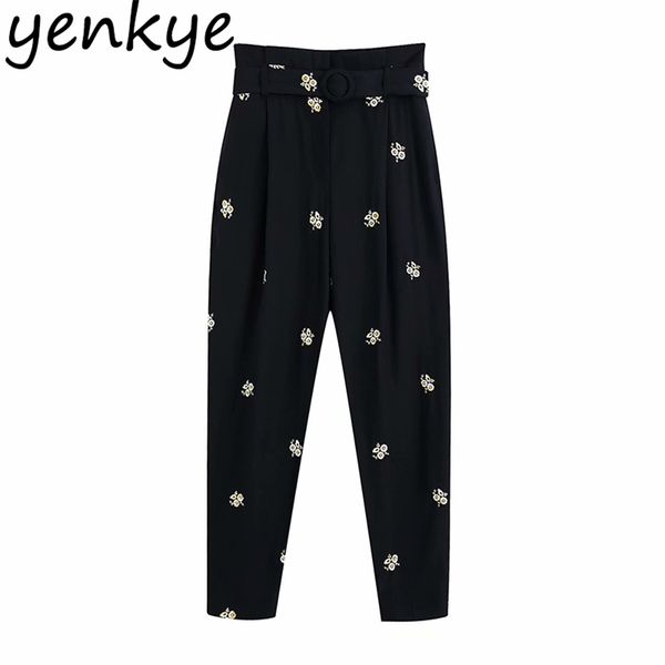 

floral embroidery pants women with belt high waist trousers pantalones mujer work wear office casual summer pantalon femme 210514, Black;white