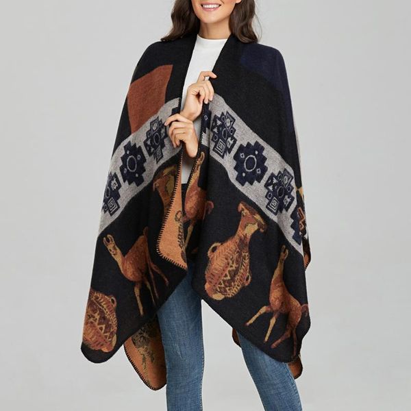 

scarves shawl wraps for women cute deer geometrical pattern print open front poncho cape cardigan sweater coat autumn winter cardigans, Blue;gray