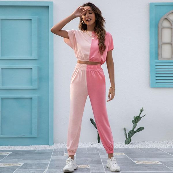 

women's two piece pants 2021 summer patchwork women tracksuit sets short sleeve crop + sweatpants trousers outfits, White
