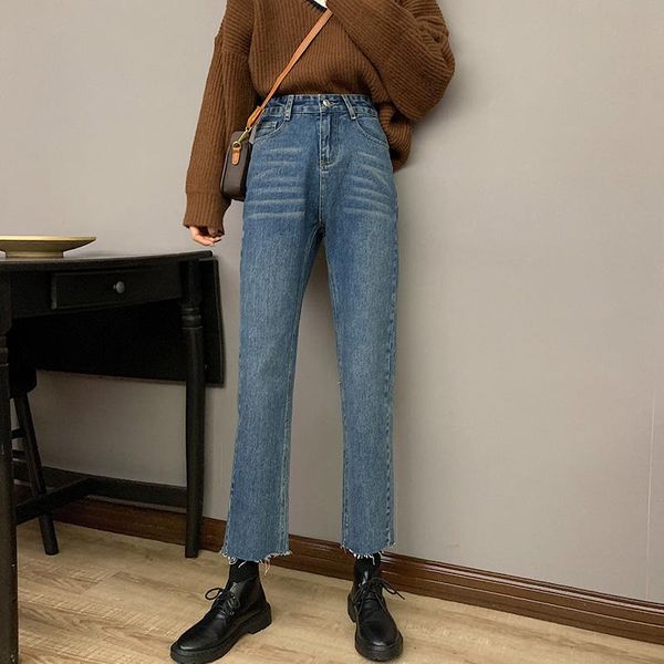 

women's jeans ripped for women 2021 arrival comfortable flexible high waist denim trousers spring summer ladies loose casual pants, Blue