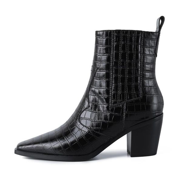 

boots winter woman fashion consice pure color block heels genuine leather chunky ankle, Black