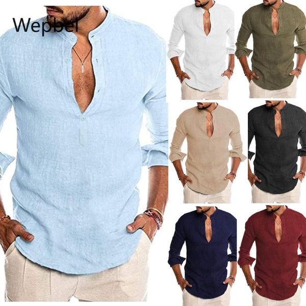 

men's casual shirts wepbel v-neck men linen cardigan stand collar long sleeve shirt blouse handsome loose, White;black