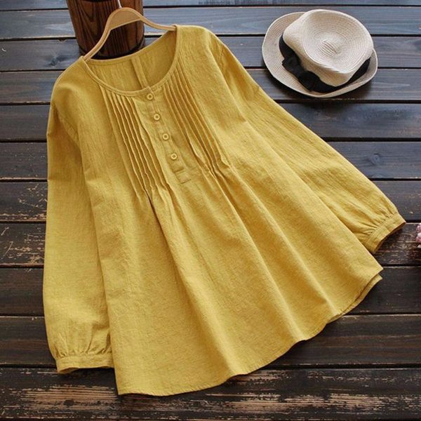 

women's blouses & shirts button up shirt pleated blouse women solid long sleeve o-neck plus size chemise oversize femme, White