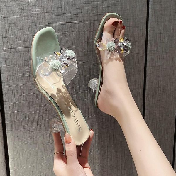 

slippers female shoes womens outdoor glitter slides heeled mules fashion square heel rubber flip flops 2021 jelly heels, Black