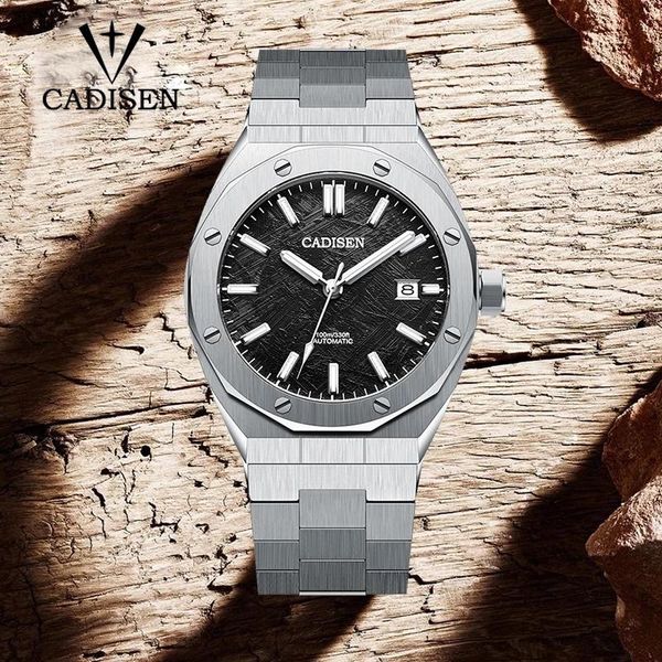 

wristwatches 2021 cadisen design meteorite dial men's automatic watches 100m waterproof japan nh35a mechanical watch relogio masculino, Slivery;brown