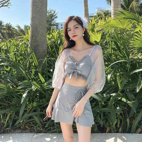 

women's three piece bikini mesh bubble sleeve fairy model small chest spring bathing suit, White;black