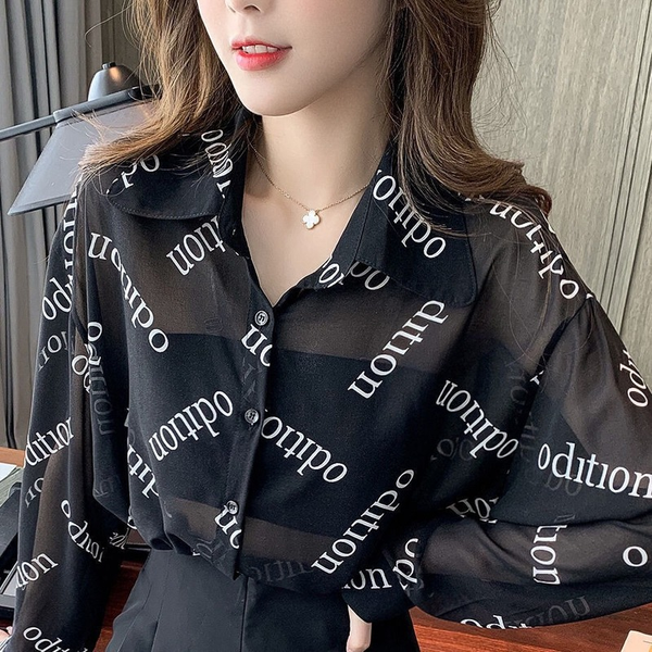 

transparent blouse for women women summer 2021 womens clothing tunic women korean fashion letter long sleeve top, White
