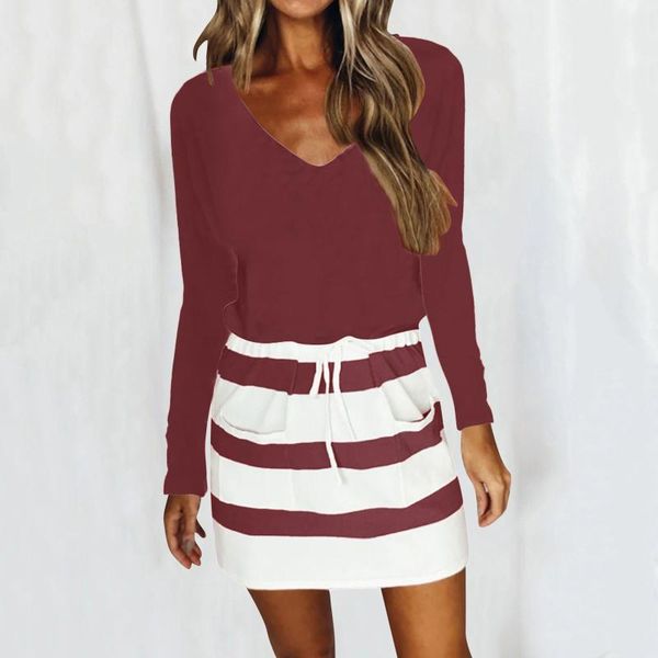 

casual dresses women dress striped patchwork v-neck drawstring pocket suspender long sleeve beach mini vestidos, Black;gray