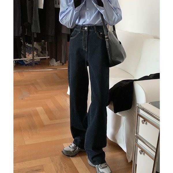 

women's jeans autumn and winter style retro hair edge high waist straight tube loose show thin mop dad pants, Blue