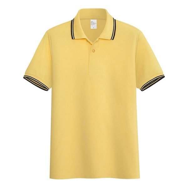 AOLIWEN uomo estate giallo 65% cotone polo a due righe bottone tinta unita manica corta casual business sport camicia attillata 210329