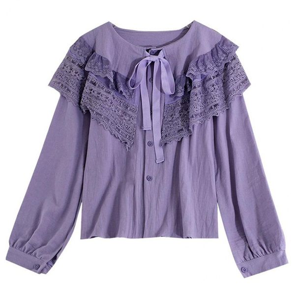 

women white purple bow collar long sleeve loose solid ruffle lace patchwork shirt spring summer b0749 210514
