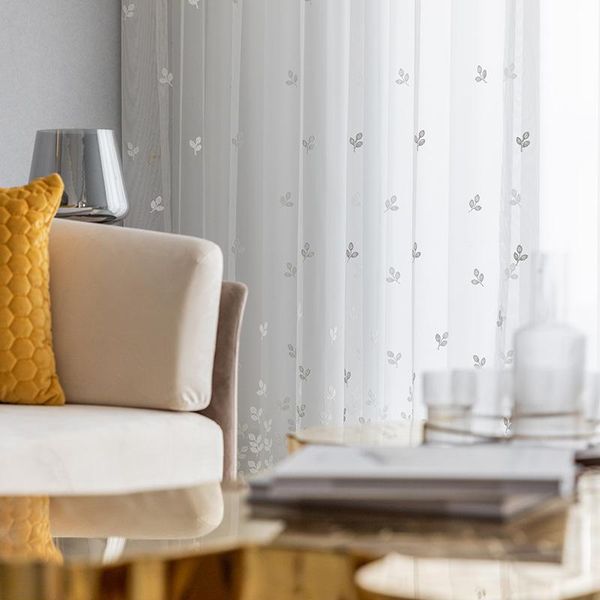 Cortina cortina estilo country branco tule puro folhas bordadas cortinas para casa decoração da sala de estar no café da cozinha