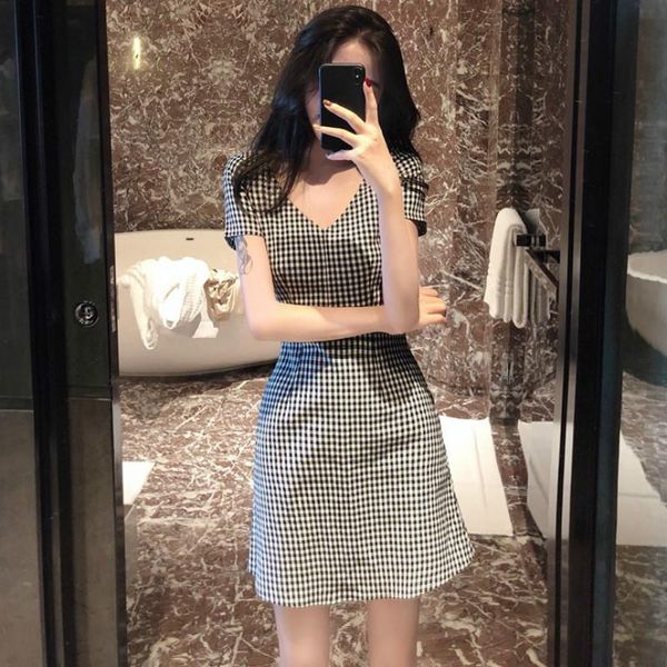 

dress women short sleeve summer thin v-neck high waist womens plaid retro all-match soft breathable clothing casual dresses, Black;gray
