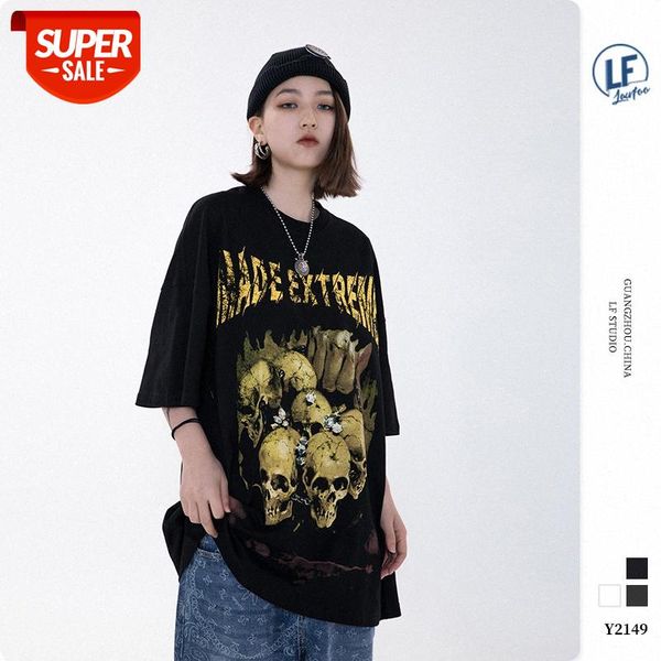 

lawfoo men's dark skull print oversize short sleeve t-shirt #mv9l, White;black