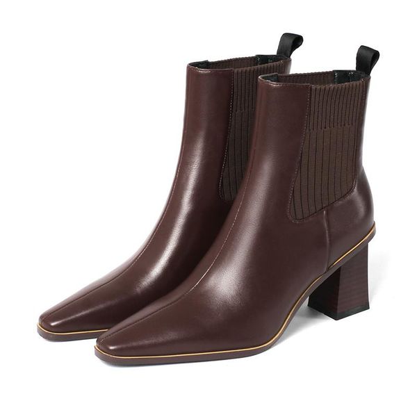 

boots 2021 autumn fashion women ankle square toe low heel shoes woman back elastic band short booties black brown