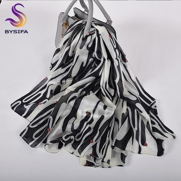 

scarves [bysifa] black white women silk scarf shawl 2021 design 100% pure long wraps autumn winter ladies cape, Blue;gray