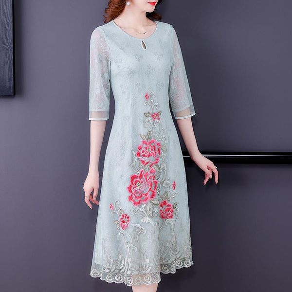 

casual dresses coigarsam 4xl plus size cheongsam embroidery women dress summer mesh sky blue 2436, Black;gray