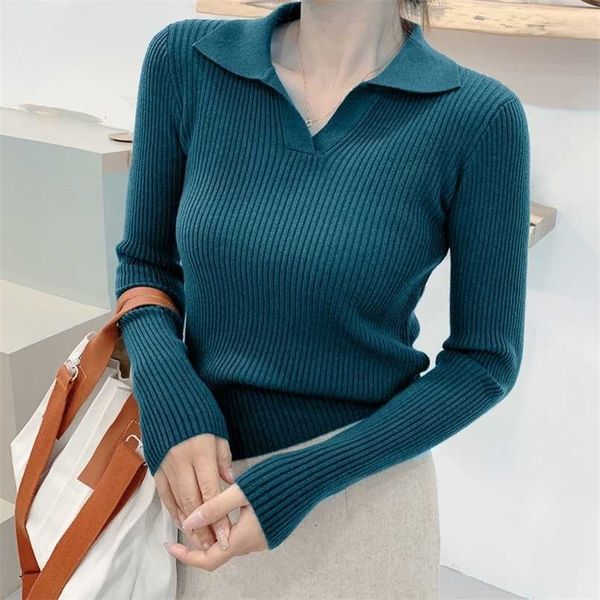 

lapel polo neck knitted bottoming women's autumn winter solid color base all match causal sweater for fashion 211103, White;black