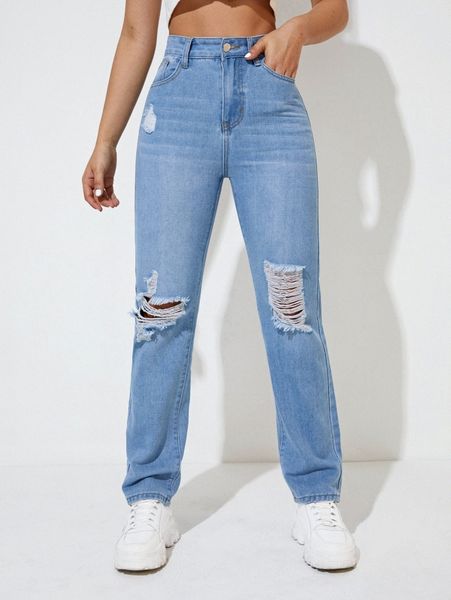 

high waist ripped straight leg jeans u197#, Blue