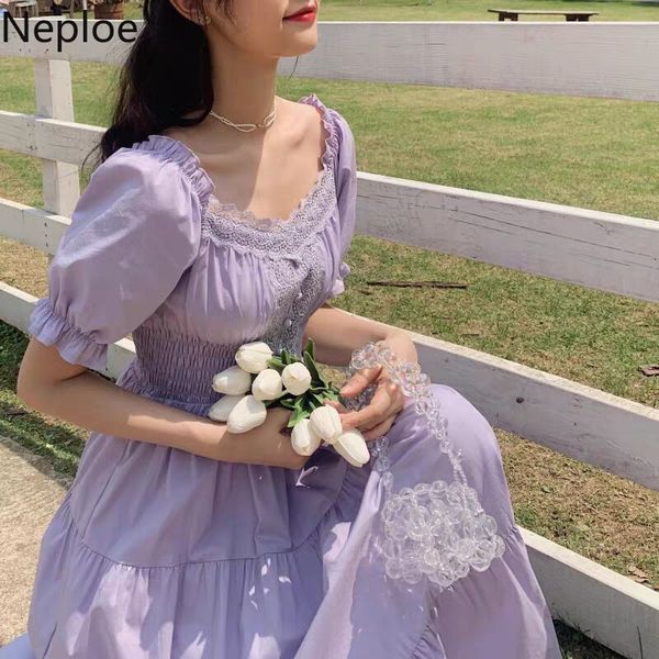 

neploe korean robe women elegant lace maxi dress vintage square collar female korean dresses summer holiday lady vestidos 210422, Black;gray