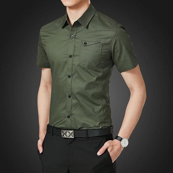 

men's casual shirts summer for men 100% cotton mens button up shirt short sleeve business slim fit male military uniform work clothes, White;black