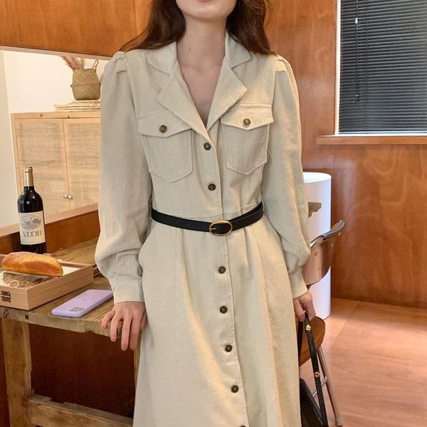 

casual dresses women winter single-breasted corduroy midi long sleeve elegant vestido femme fashion korean thicken loose robe, Black;gray