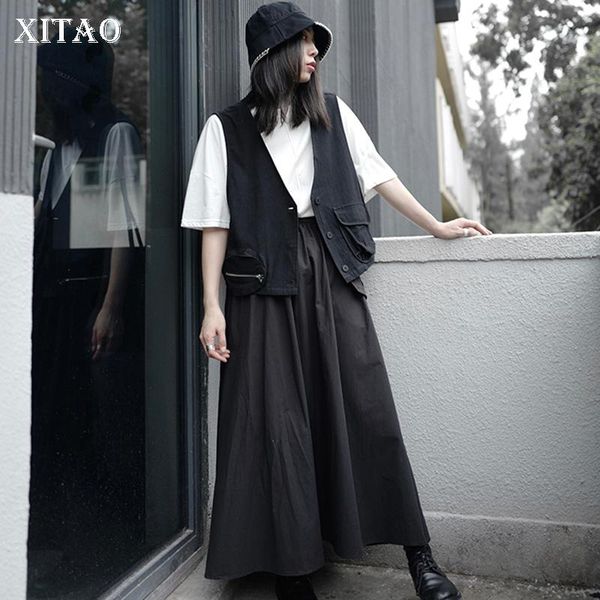 

women's vests xitao patchwork pockets zipper solid vest women 2021 autumn casual fashion style all match v neck clothes zp1628, Black;white