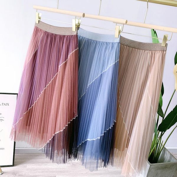 

skirts half-length skirt elegant temperament color matching mesh draped pleated a-line long 2021 spring women's clothing, Black
