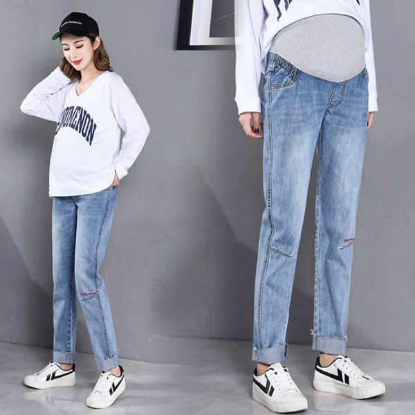 

maternity bottoms pregnant woman jeans loose directly canister support abdomen trousers pants pregnancy clothes wide leg nine part, White