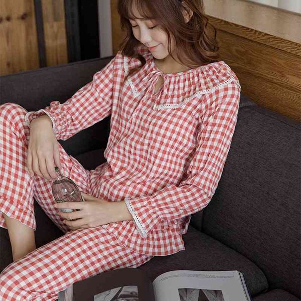 

women's sleepwear cotton women pajamas long sleeve trousers suit lattice pajama set uewz, Black;red