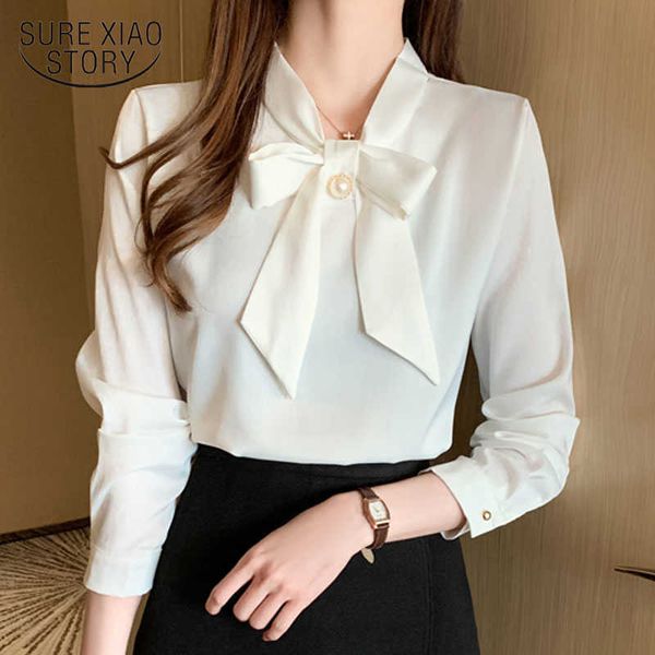 

autumn bow satin long sleeve shirt women office lady solid beading women blouse plus size pullover ladies 10496 210528, White