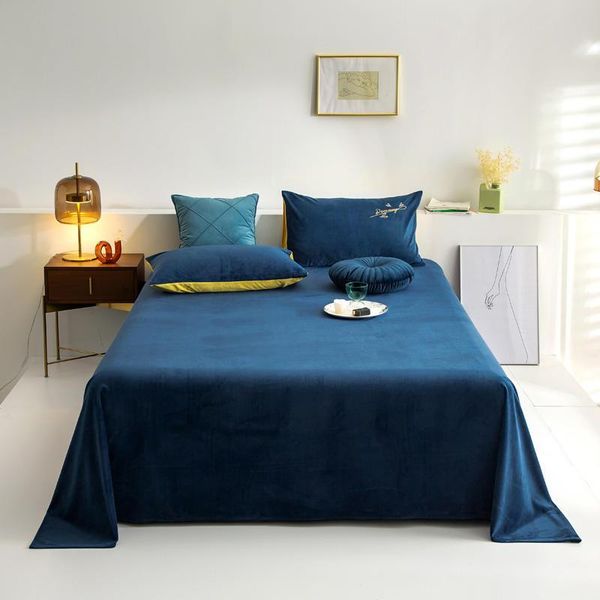 

sheets & sets 1pc flannel flat bed sheet blue color queen size for double king linen winter (no case)