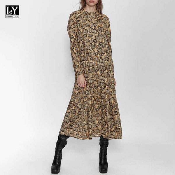 LY VAREY LIN Herbst Frauen Elegante Schlange Haut Print Kleider Langarm O Neck Plissee Rüschen Saum Damen Midi 210526