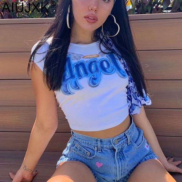 

women's t-shirt aiujxk letter angel print cotton t shirt women 2021 fashion summer streetwear slim crop cute tshirt female short, White