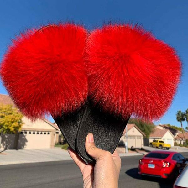 

real fur slippers 2021 fashion comfort flat sandals fluffy slides women, Black