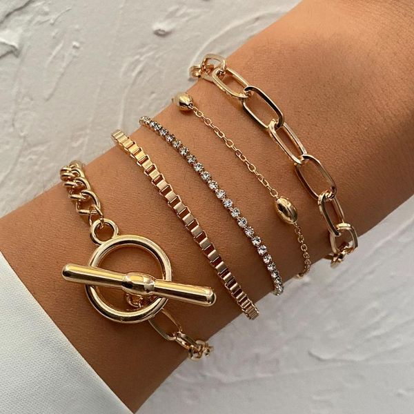 

charm bracelets 5 pcs/set punk gold crystal thick chain bracelet female bohemian geometric ot buckle set jewelry girl party gift, Golden;silver